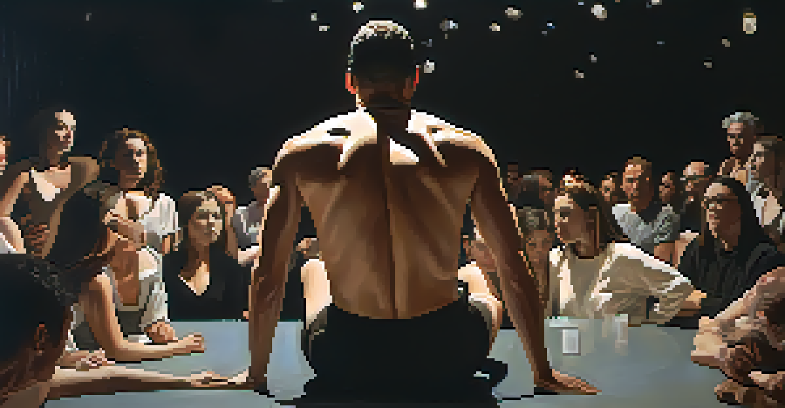 A performer expressing identity through movement in a dimly lit space, with an engaged audience.