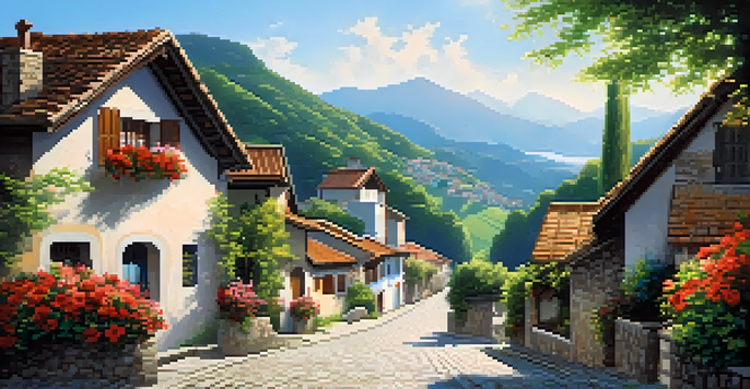 A picturesque village surrounded by mountains, with colorful flowers and a sunny sky.
