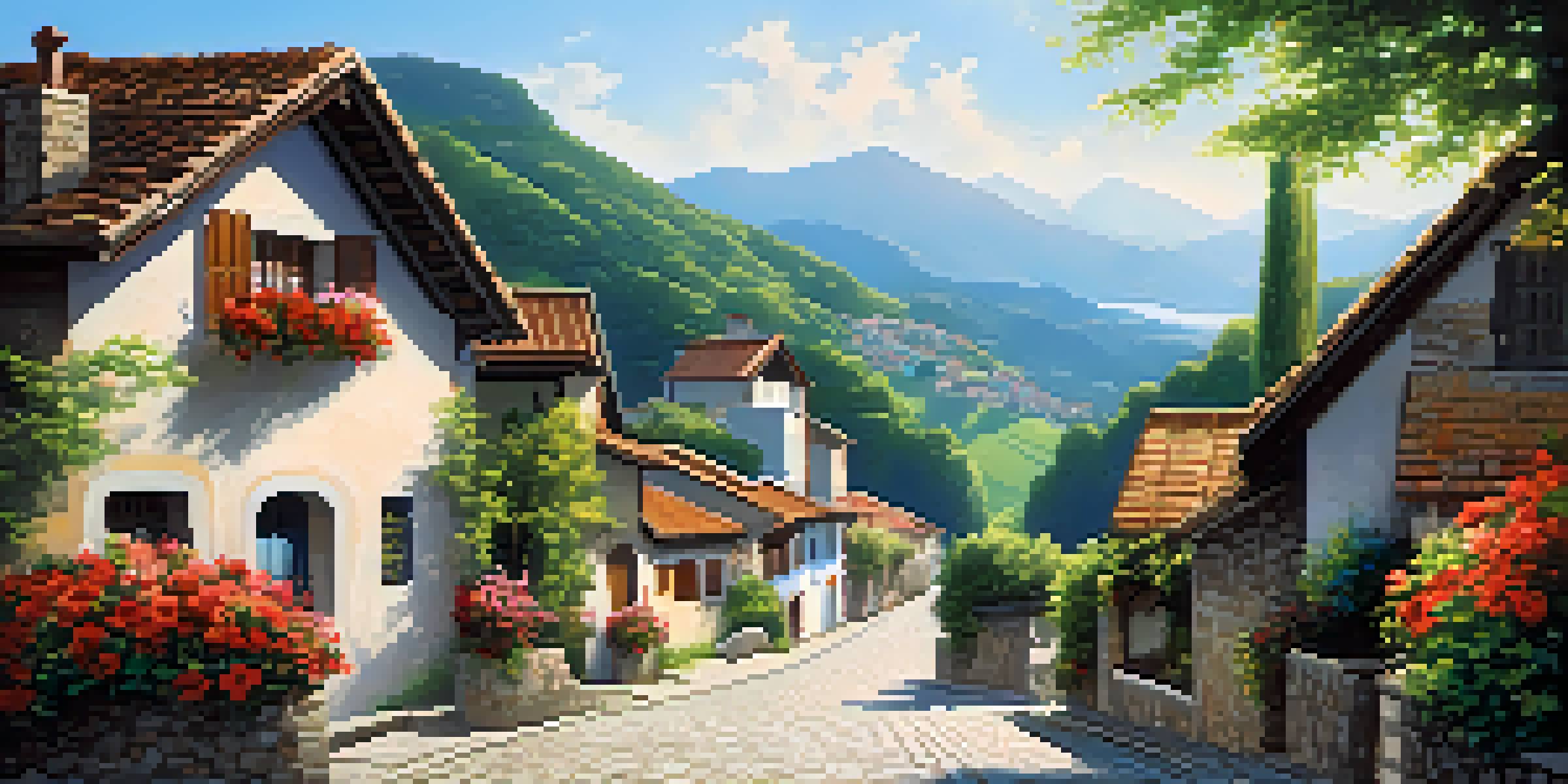 A picturesque village surrounded by mountains, with colorful flowers and a sunny sky.