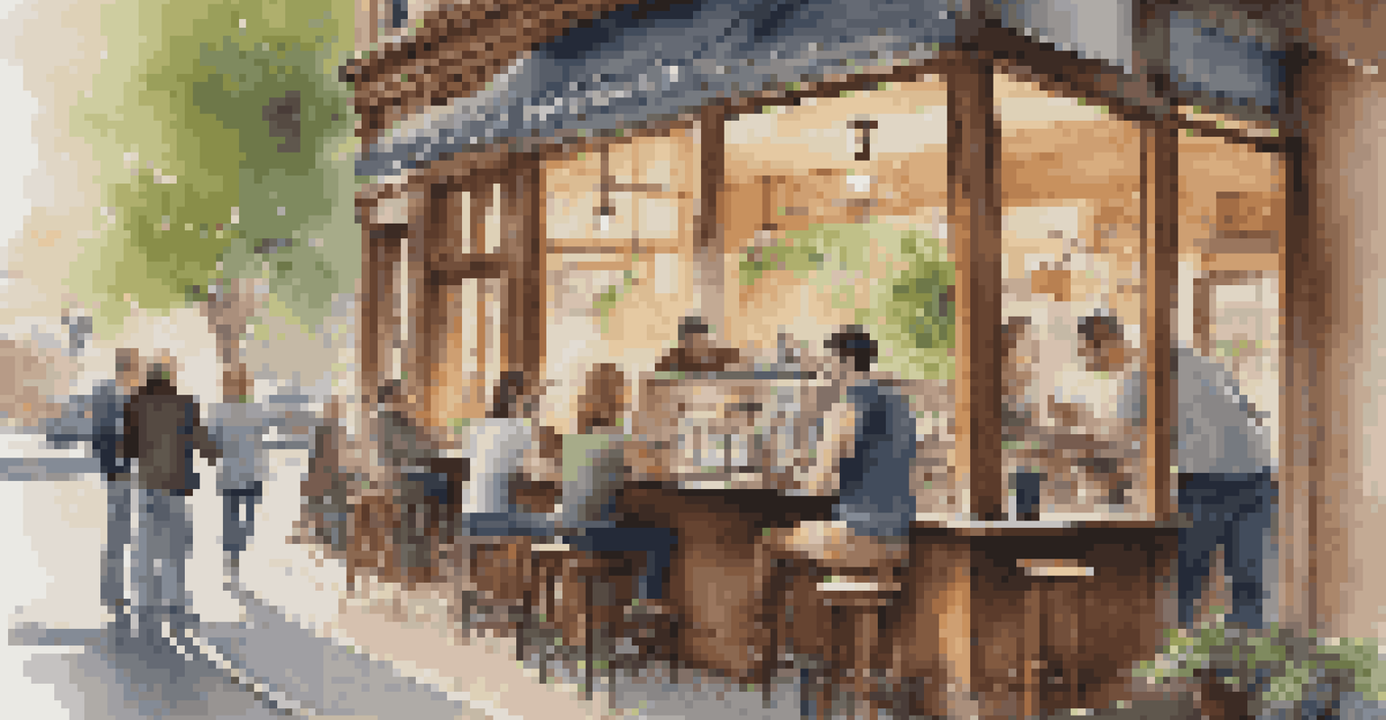 A lively coffee shop with a barista making a latte and customers enjoying their time.