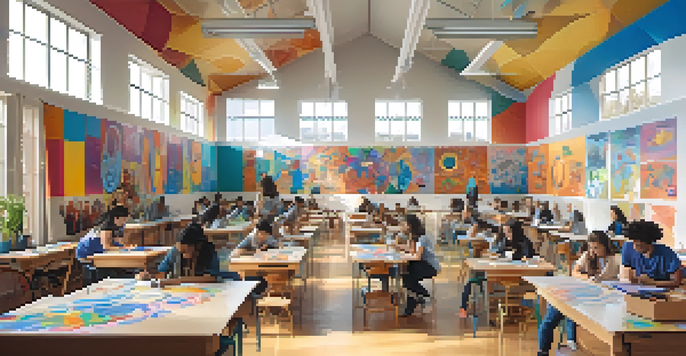 A diverse group of students in an art classroom collaborating on a colorful mural representing various gender identities, with paint supplies and natural light enhancing the scene.