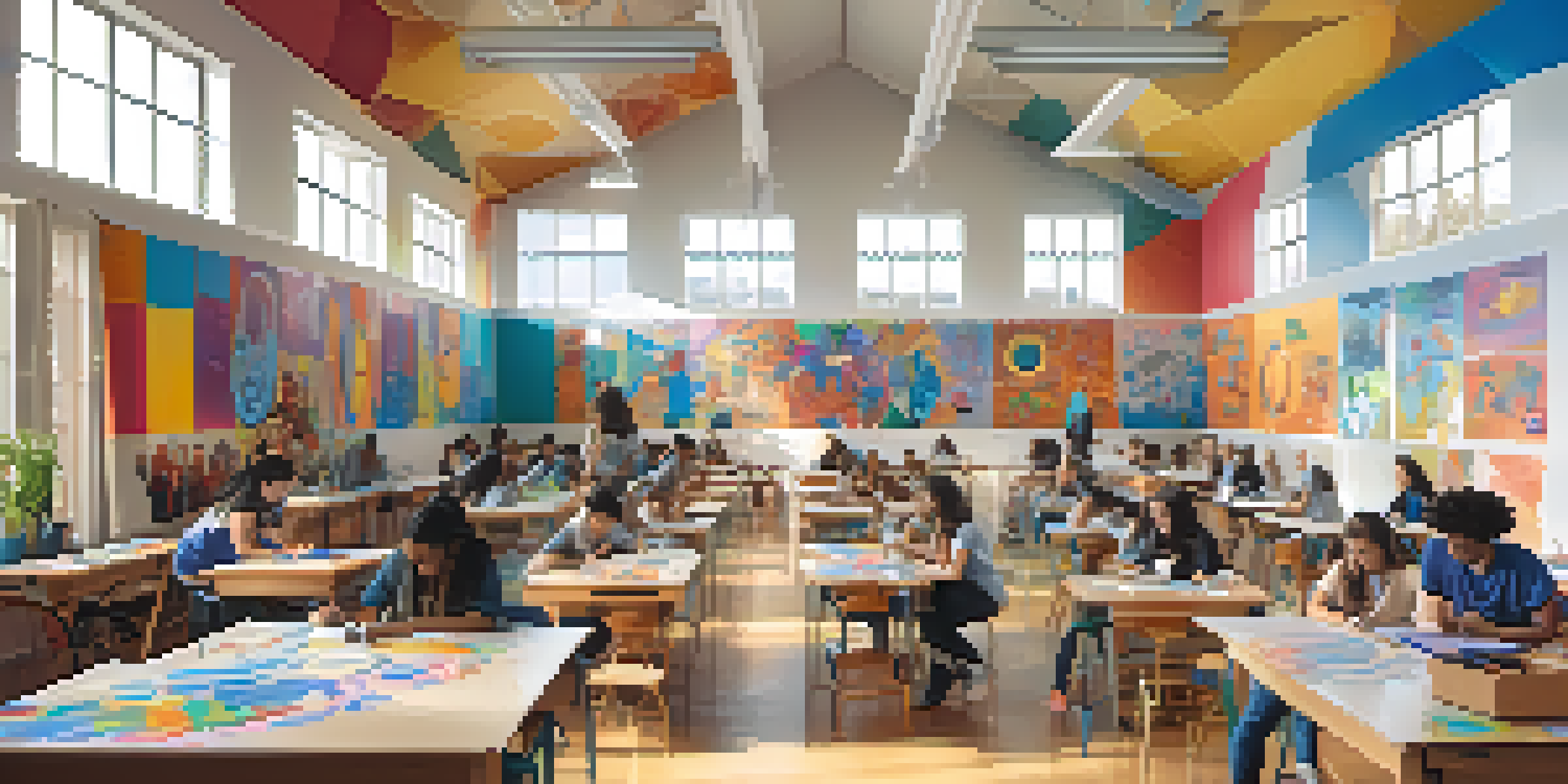 A diverse group of students in an art classroom collaborating on a colorful mural representing various gender identities, with paint supplies and natural light enhancing the scene.