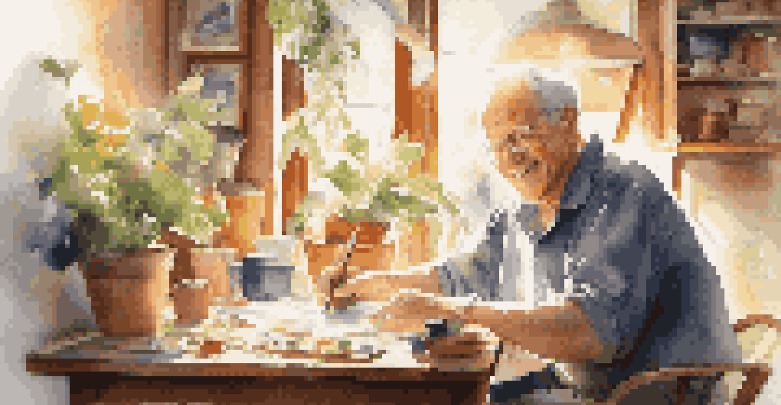 An older man joyfully crafting at a wooden table in a sunny room, surrounded by colorful materials and personal touches like family photos and plants.