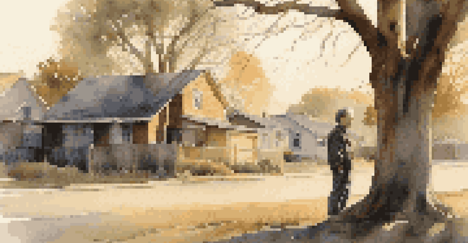 A man standing in his childhood neighborhood, looking contemplative with an old tree and wooden fence in the background.