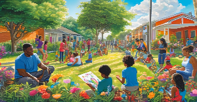A colorful community mural with diverse individuals creating art together in a sunny outdoor setting.