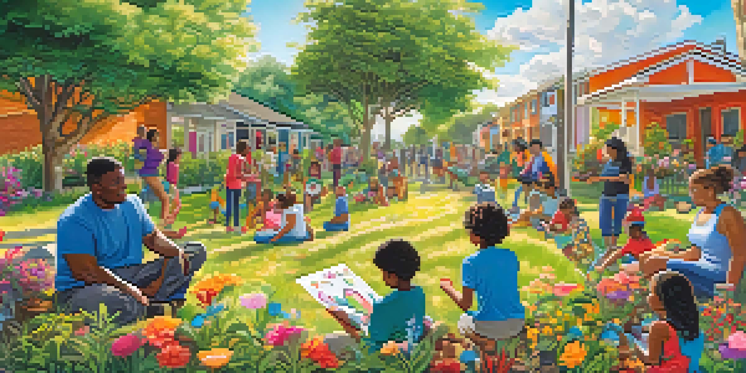 A colorful community mural with diverse individuals creating art together in a sunny outdoor setting.