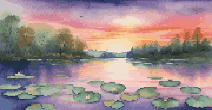 A peaceful landscape with a lake and sunset, reflecting colorful hues in the water with a lotus flower in the foreground.