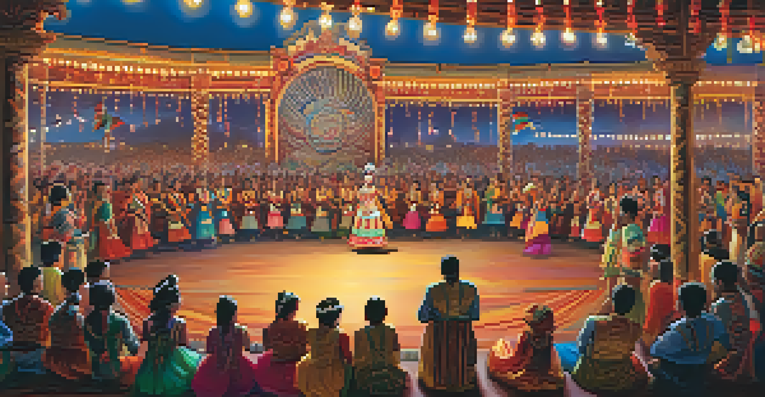 Traditional dancers in vibrant costumes performing on stage at a cultural festival, with an engaged audience and bright lights in the twilight.