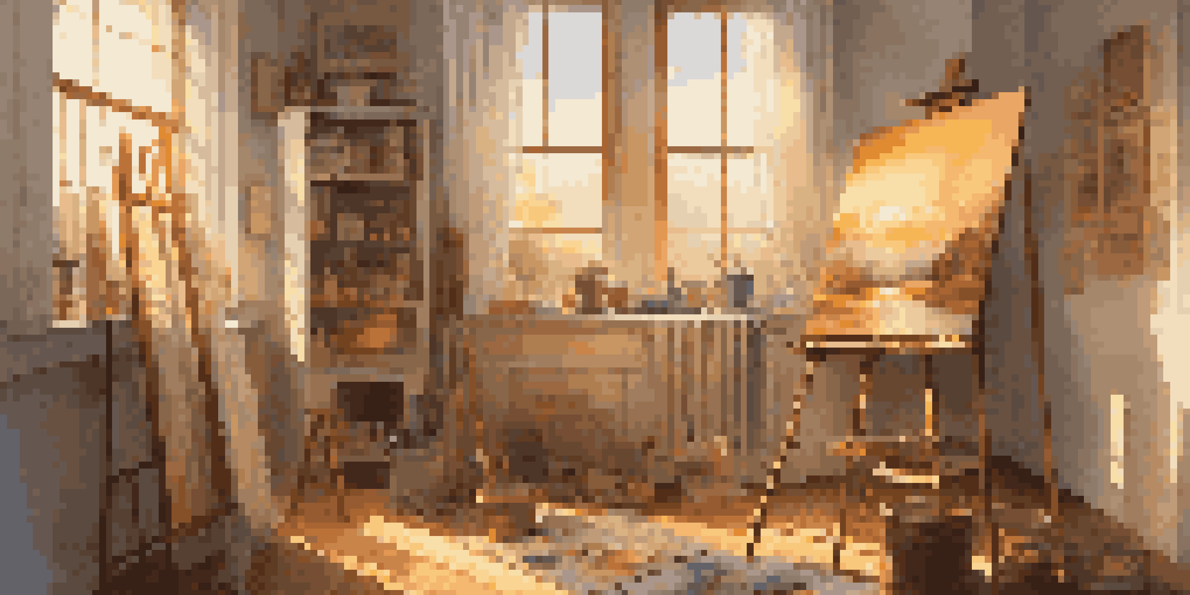 An artist's studio filled with natural light, an easel with a canvas, and art supplies scattered around.