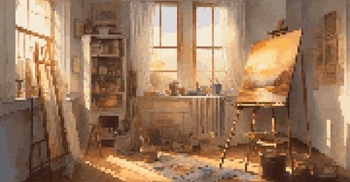 An artist's studio filled with natural light, an easel with a canvas, and art supplies scattered around.