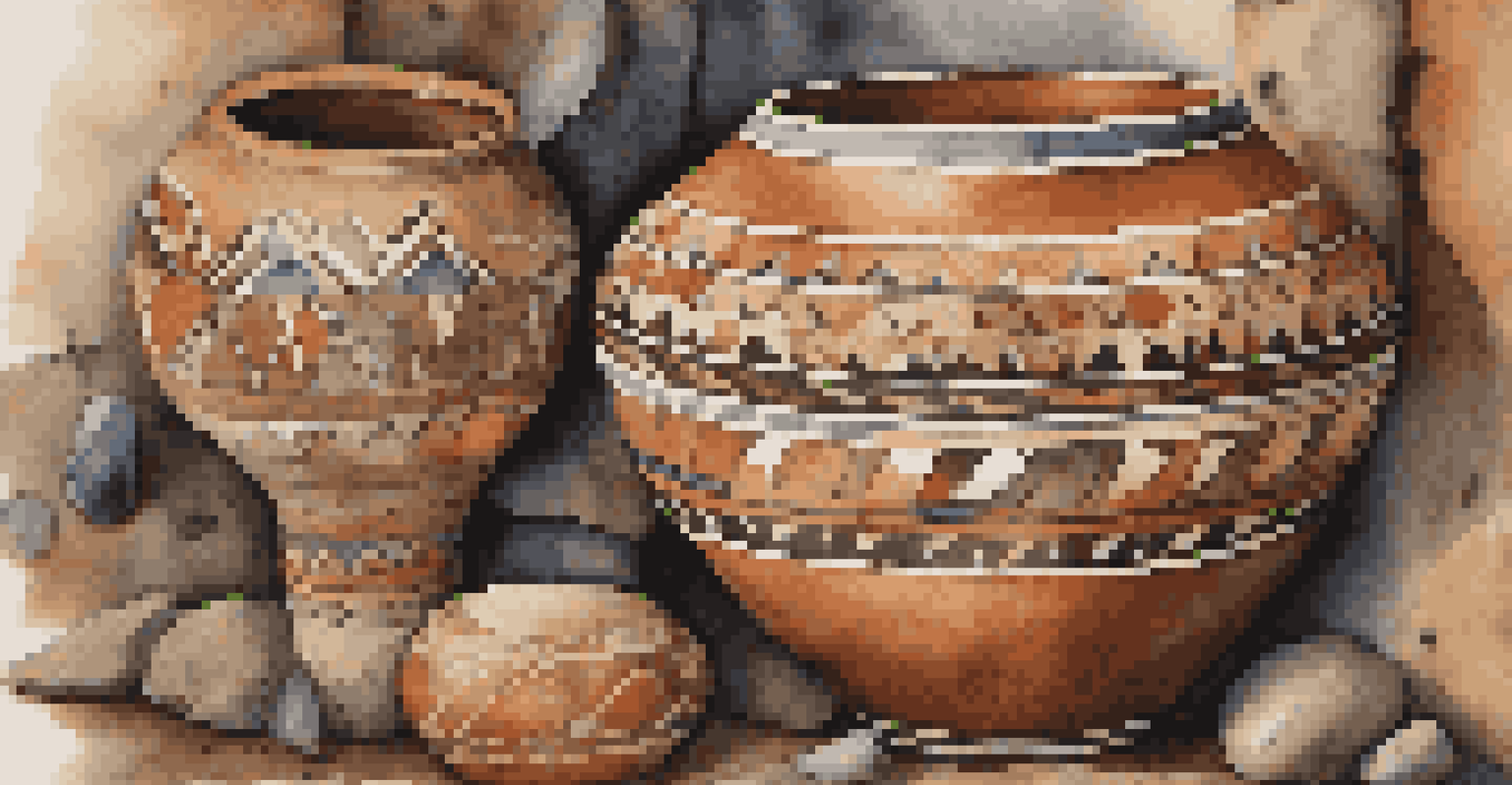 A close-up of beautiful Native American pottery with intricate patterns displayed on a rustic wooden background.