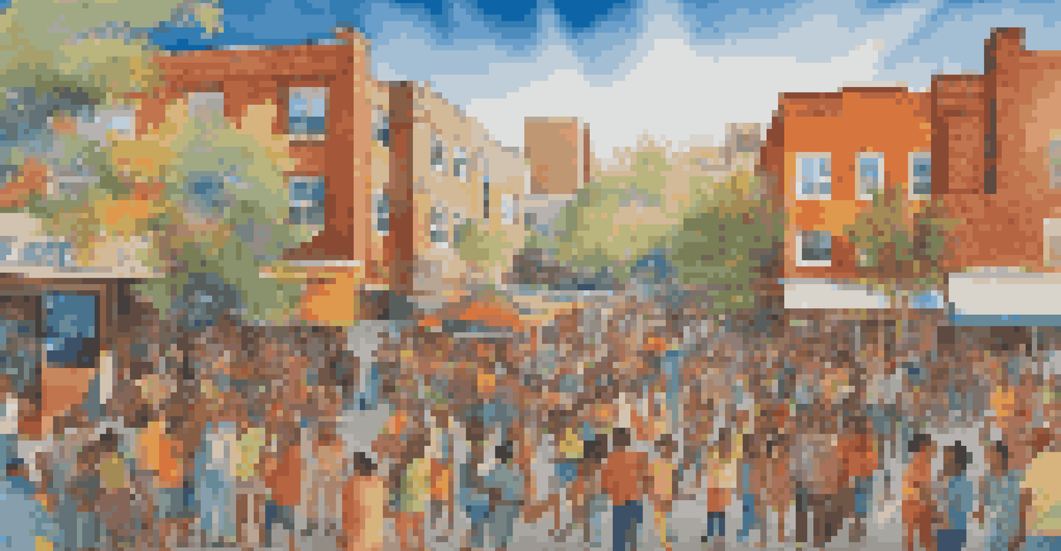 A colorful community mural showcasing diverse cultural identities and shared memories under a blue sky.
