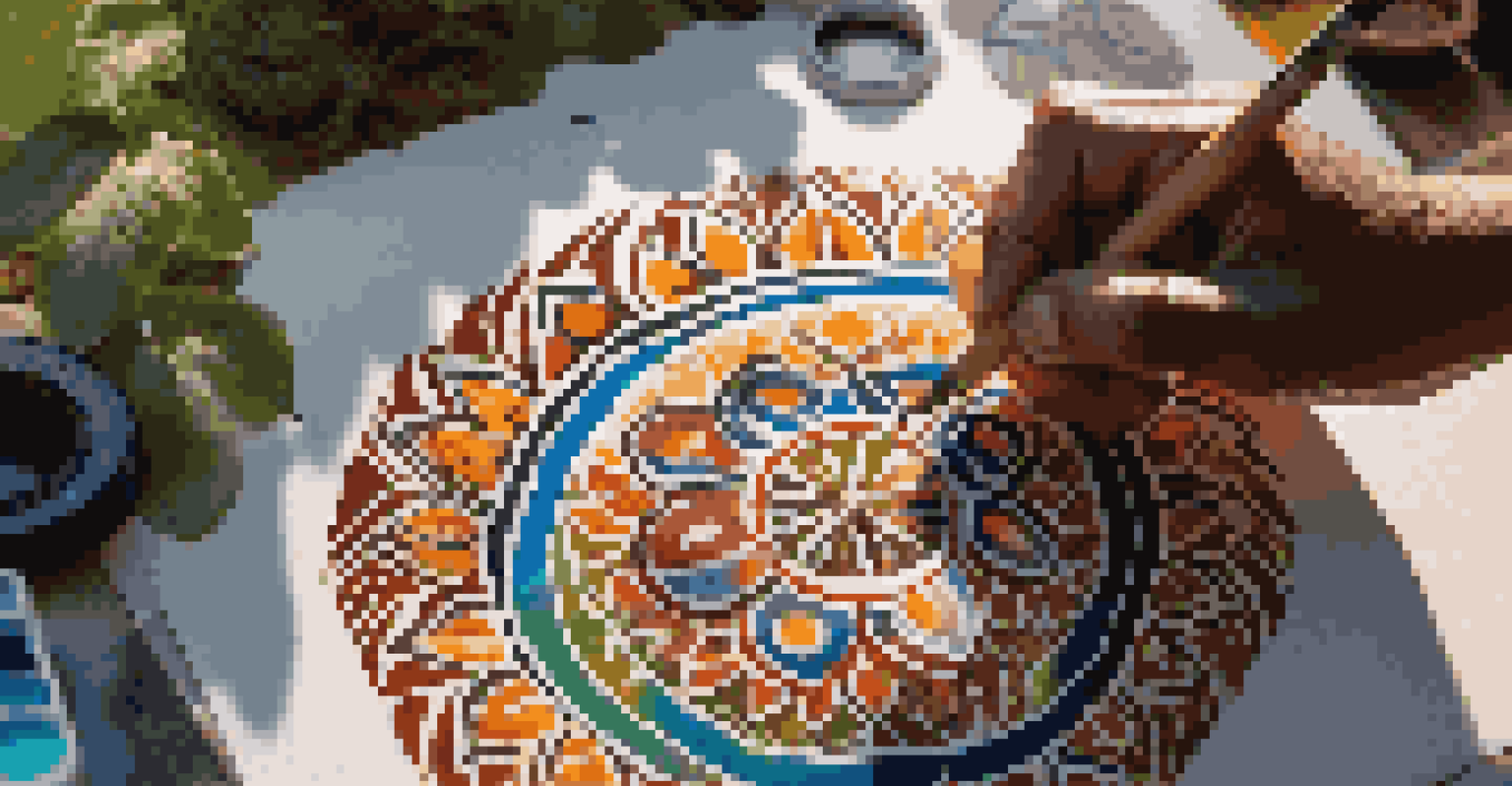 An Indigenous artist applying vibrant traditional designs on a canvas, with sunlight filtering through the trees in a natural setting.