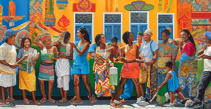 A colorful mural illustrating a diverse community participating in cultural activities, with people painting together under a sunny sky.