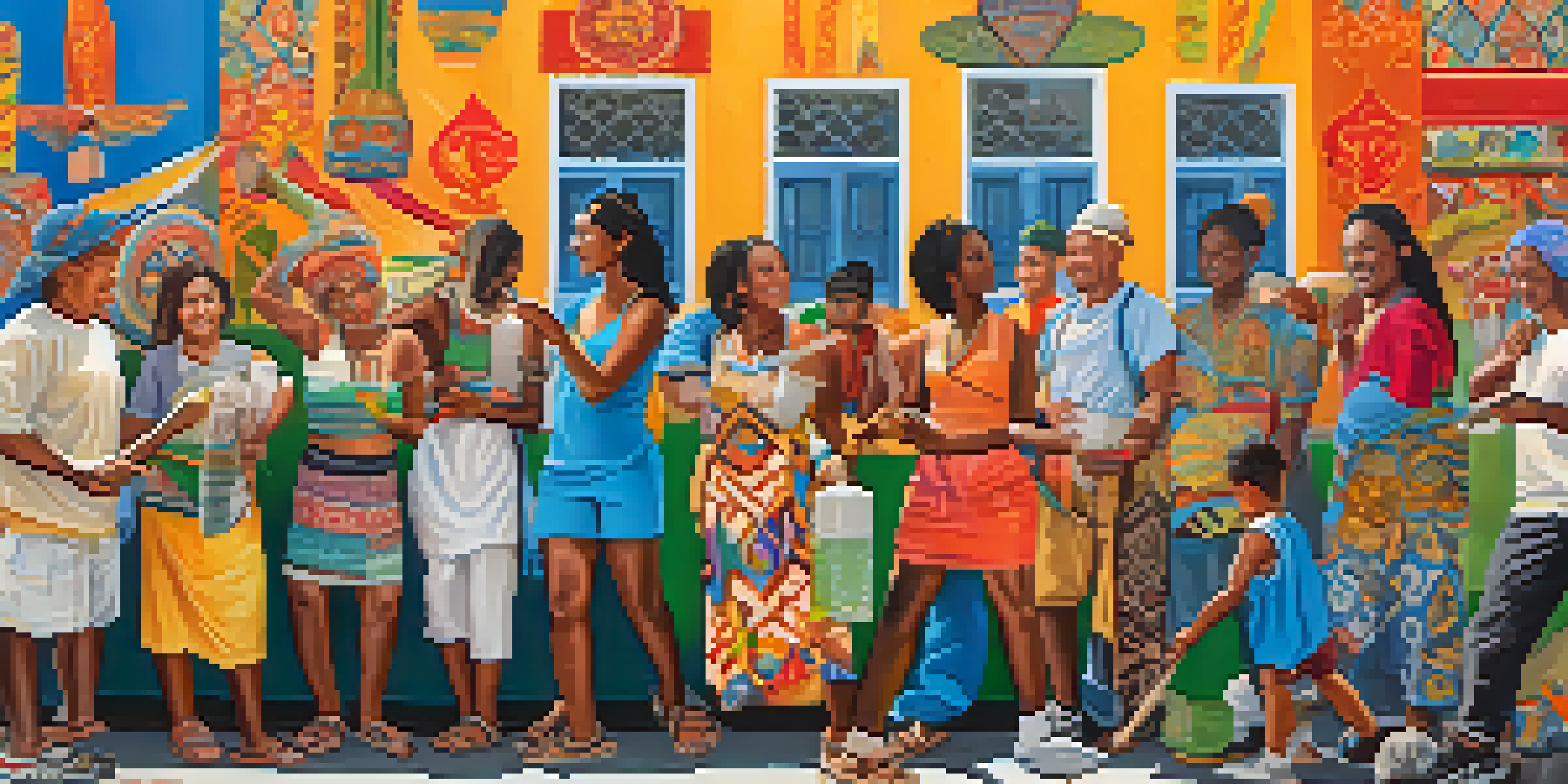 A colorful mural illustrating a diverse community participating in cultural activities, with people painting together under a sunny sky.