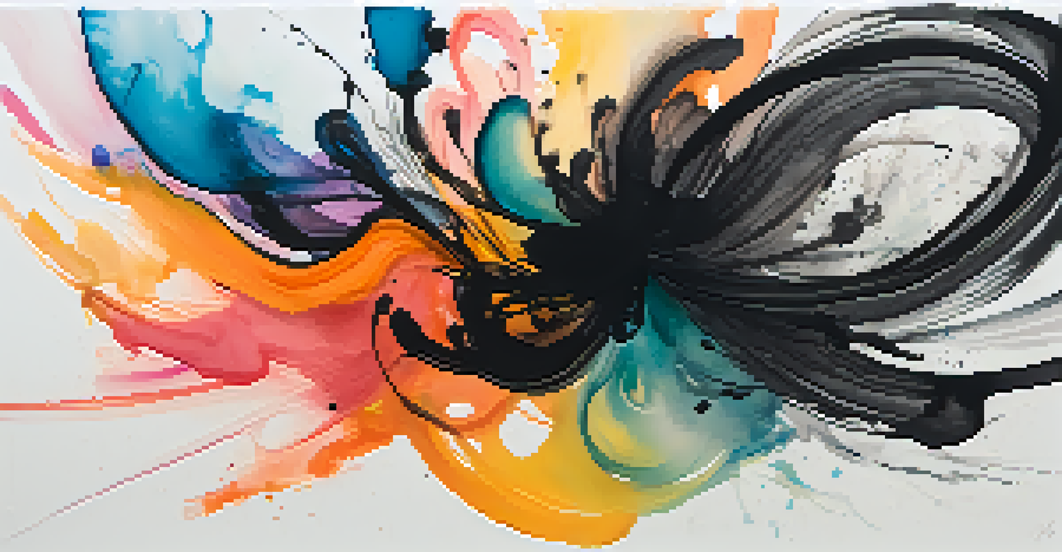An abstract ink wash artwork with colorful swirls and dynamic brush strokes, contrasting against a white background.