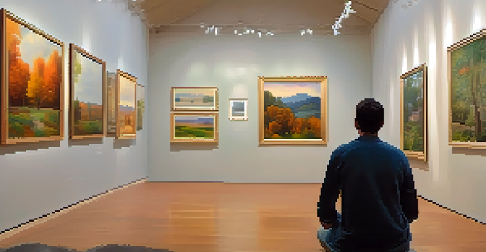 A peaceful art gallery with warm lighting and a visitor admiring a landscape painting.
