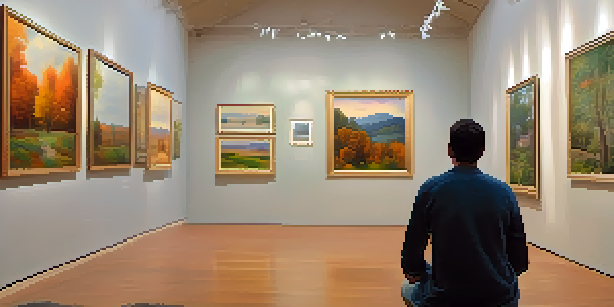 A peaceful art gallery with warm lighting and a visitor admiring a landscape painting.