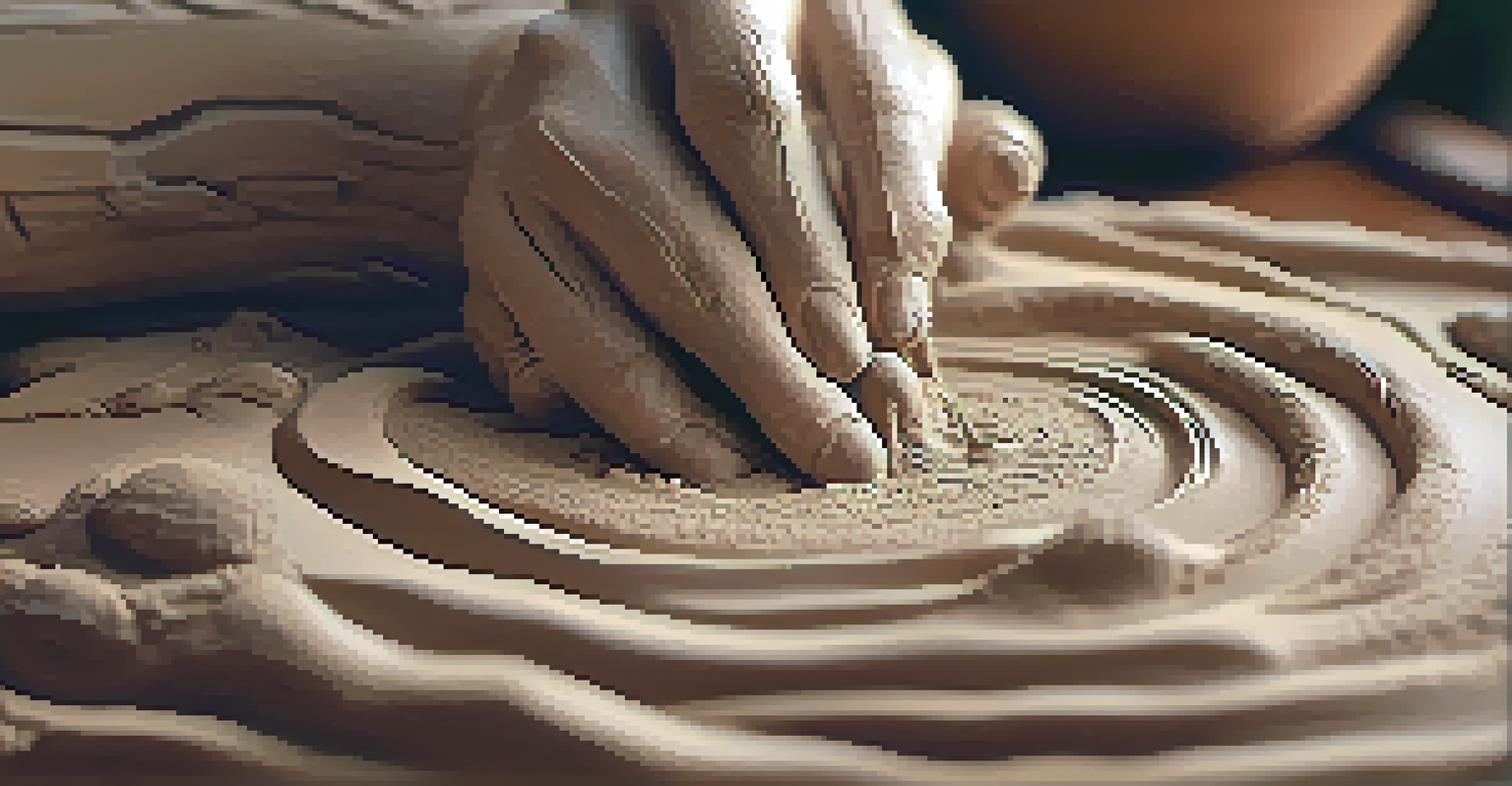 Close-up of hands shaping clay during an art therapy session, highlighting the textures and details of the sculpting process.