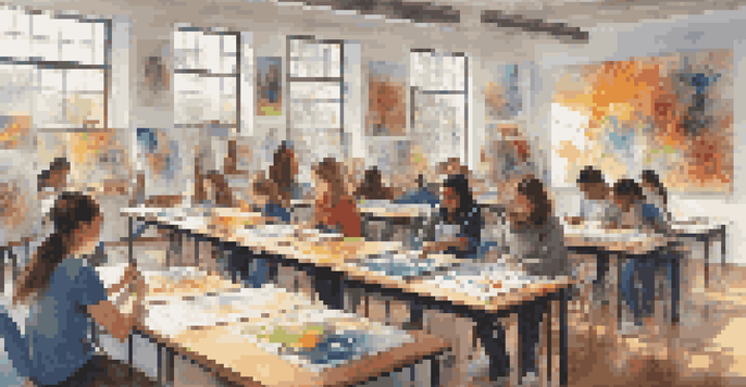A lively art classroom where diverse students are painting, surrounded by colorful artwork and bright natural light.