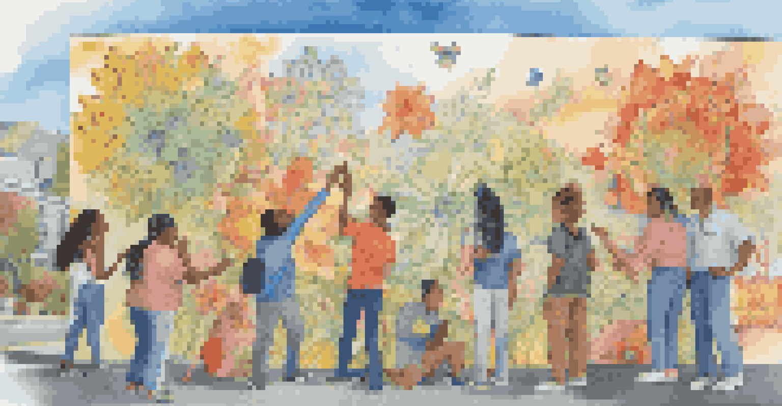A group of diverse students working together on a colorful mural outdoors, discussing ideas and sharing materials.
