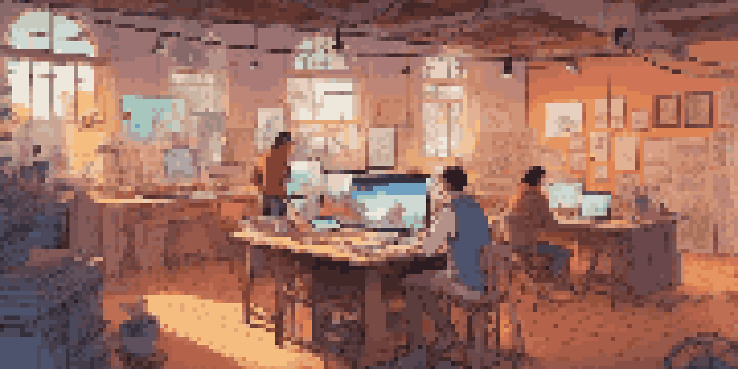 An artist working in a colorful animation studio, surrounded by sketches and digital screens, with warm lighting creating an inviting atmosphere.