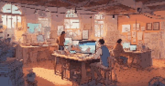 An artist working in a colorful animation studio, surrounded by sketches and digital screens, with warm lighting creating an inviting atmosphere.
