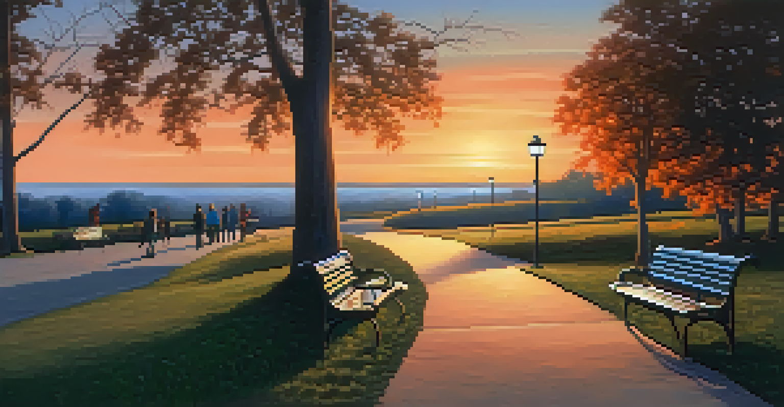 A tranquil park scene at dusk with a winding path, trees, glowing lights, and a colorful sky.