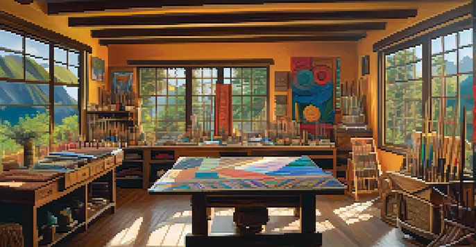 An Indigenous art studio showcasing colorful paintings, woven textiles, and carved sculptures, illuminated by sunlight.