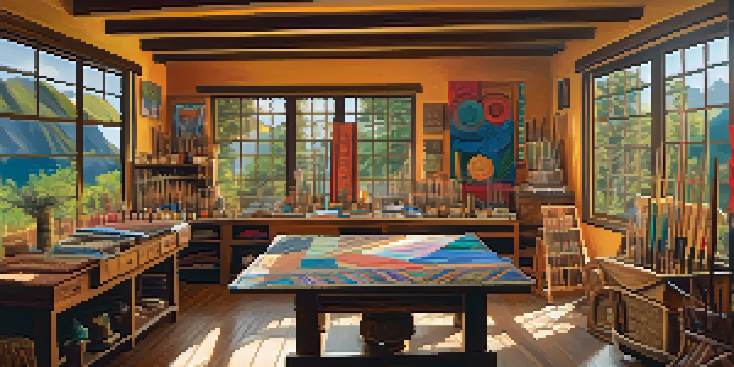 An Indigenous art studio showcasing colorful paintings, woven textiles, and carved sculptures, illuminated by sunlight.