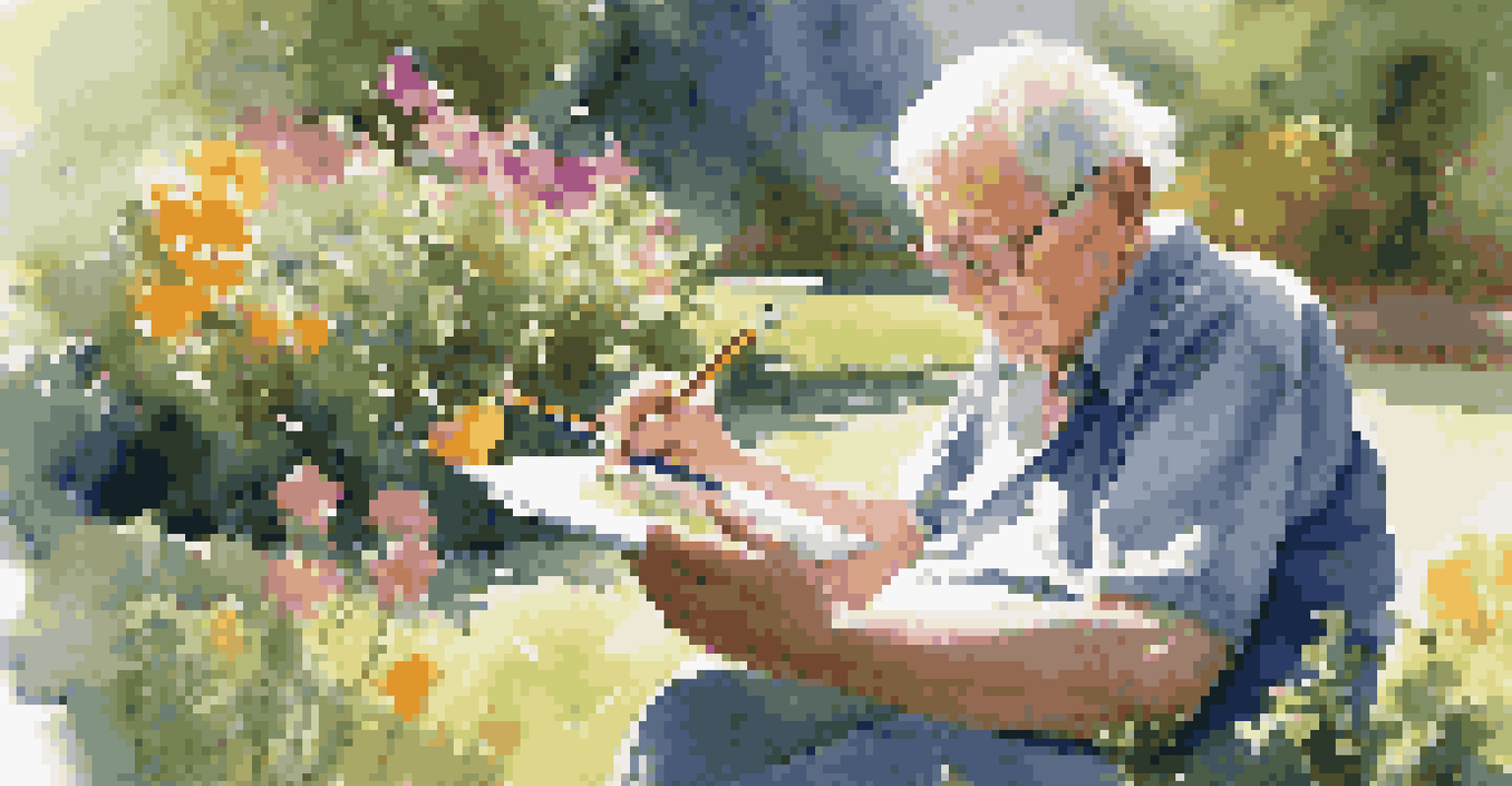 An elderly artist sketching flowers in a tranquil garden, surrounded by colorful blooms.