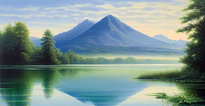 A peaceful landscape with blue mountains, a calm lake, and vibrant green foliage, evoking tranquility.