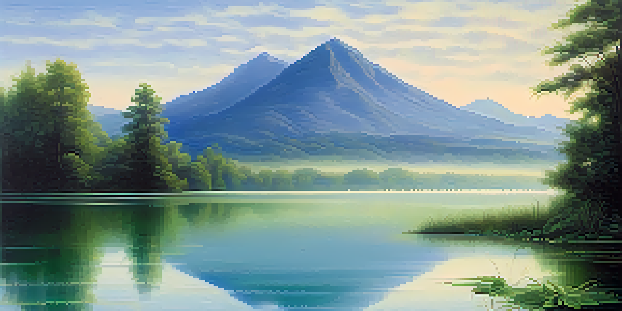 A peaceful landscape with blue mountains, a calm lake, and vibrant green foliage, evoking tranquility.