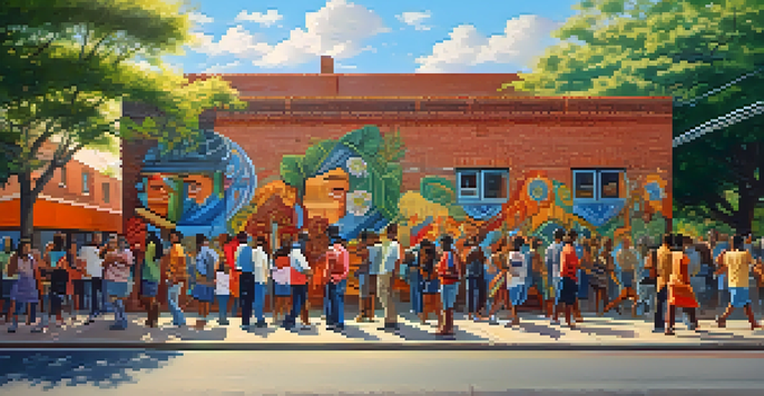 A colorful urban mural illustrating a diverse community, surrounded by greenery and people conversing under warm sunlight.