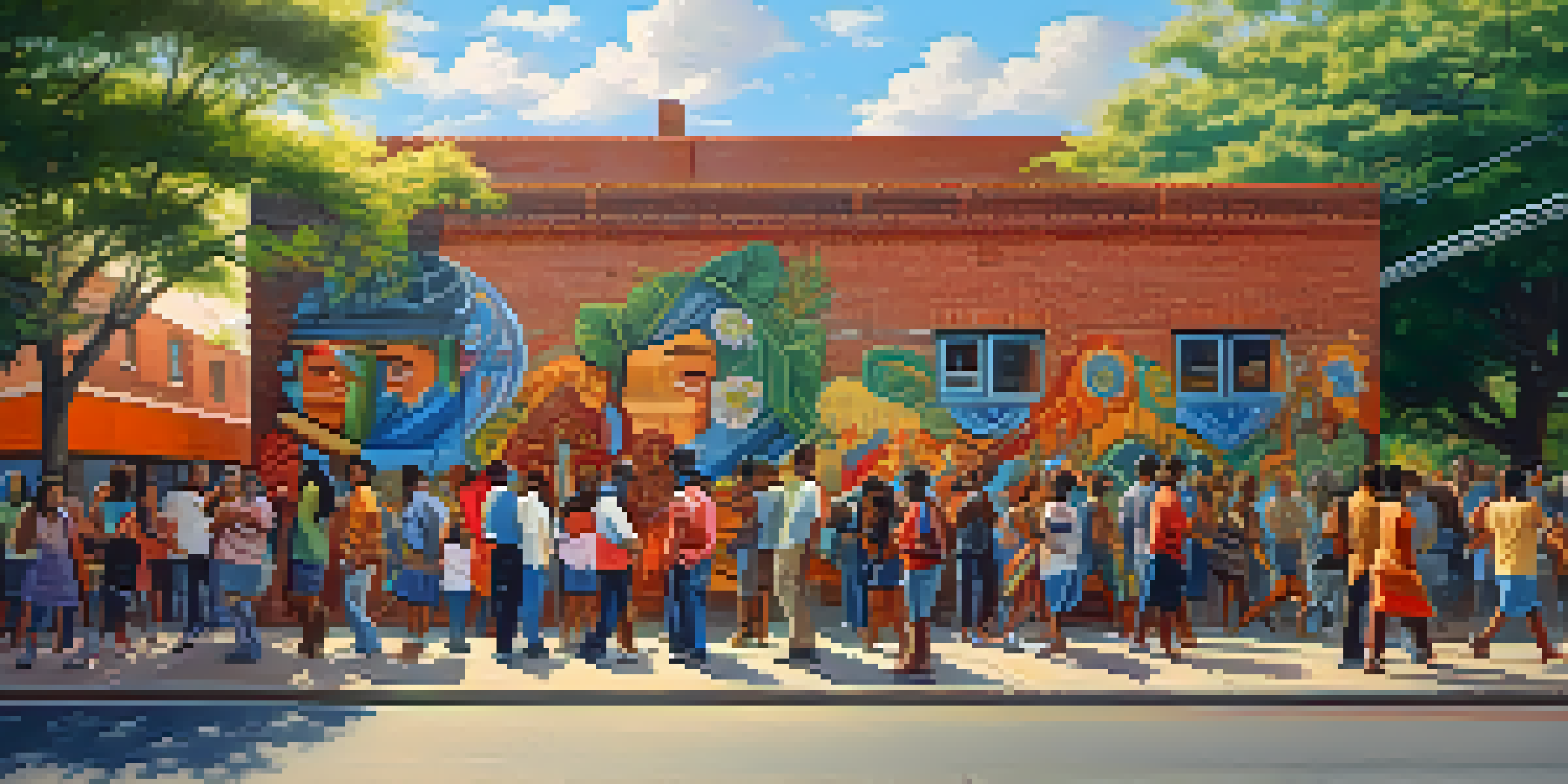A colorful urban mural illustrating a diverse community, surrounded by greenery and people conversing under warm sunlight.