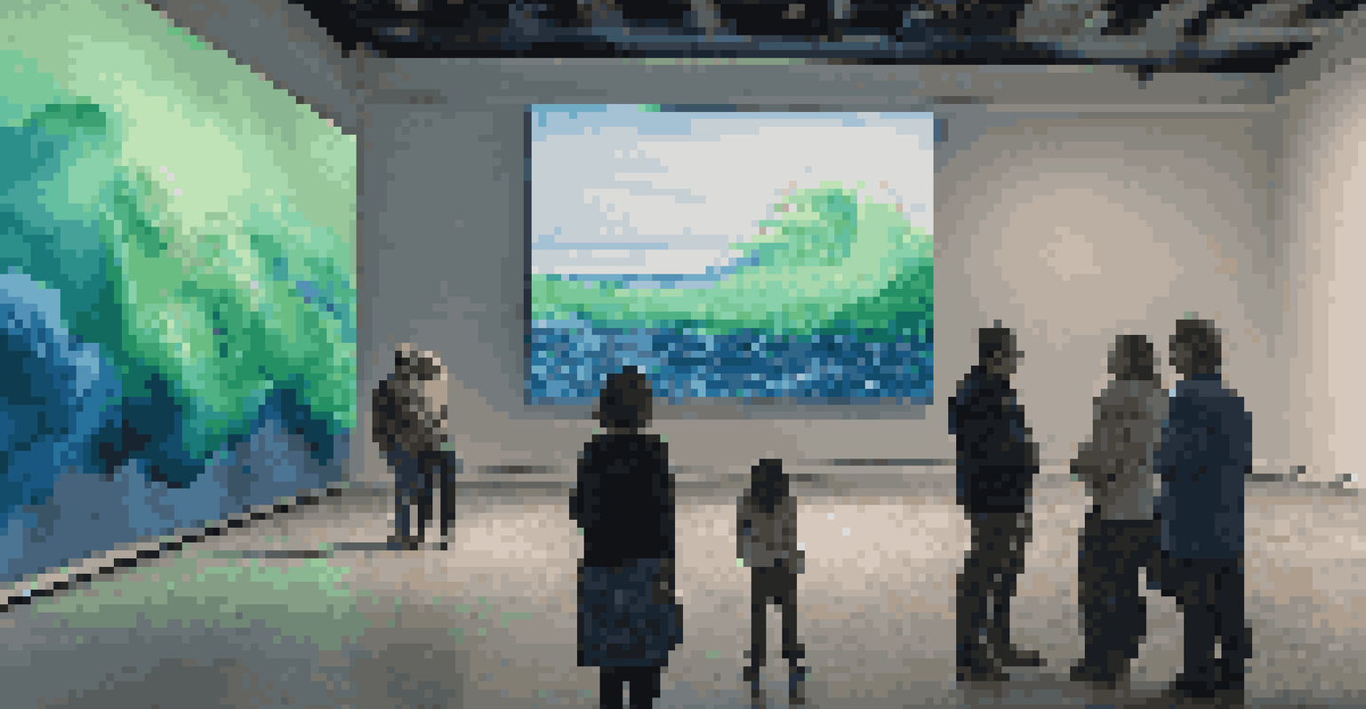 A digital art installation depicting the impacts of climate change with visuals of rising sea levels and storms, in a dimly lit room.