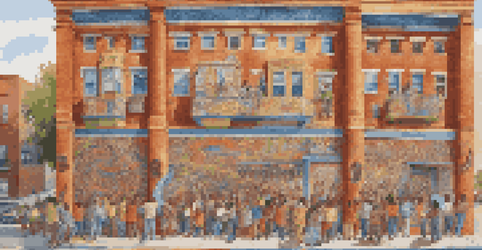 A colorful mural illustrating a diverse community participating in artistic activities, with bright colors and intricate details.