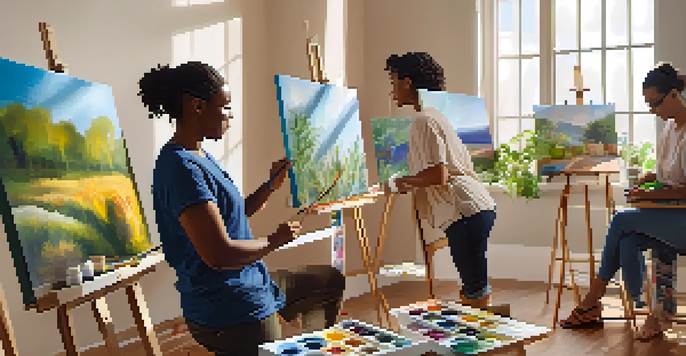 A group of individuals participating in an art therapy session, painting on canvases in a well-lit room filled with plants.