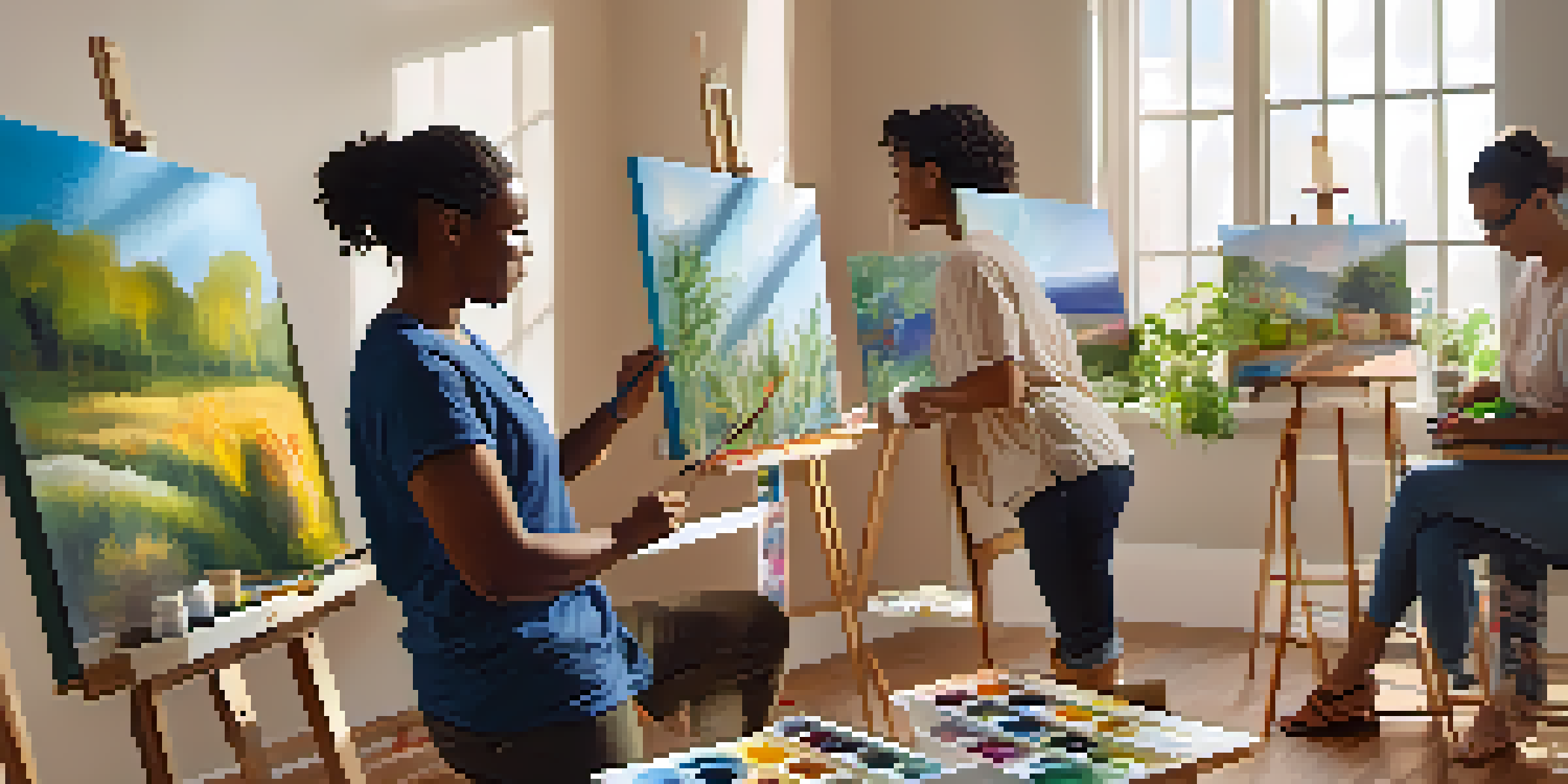 A group of individuals participating in an art therapy session, painting on canvases in a well-lit room filled with plants.