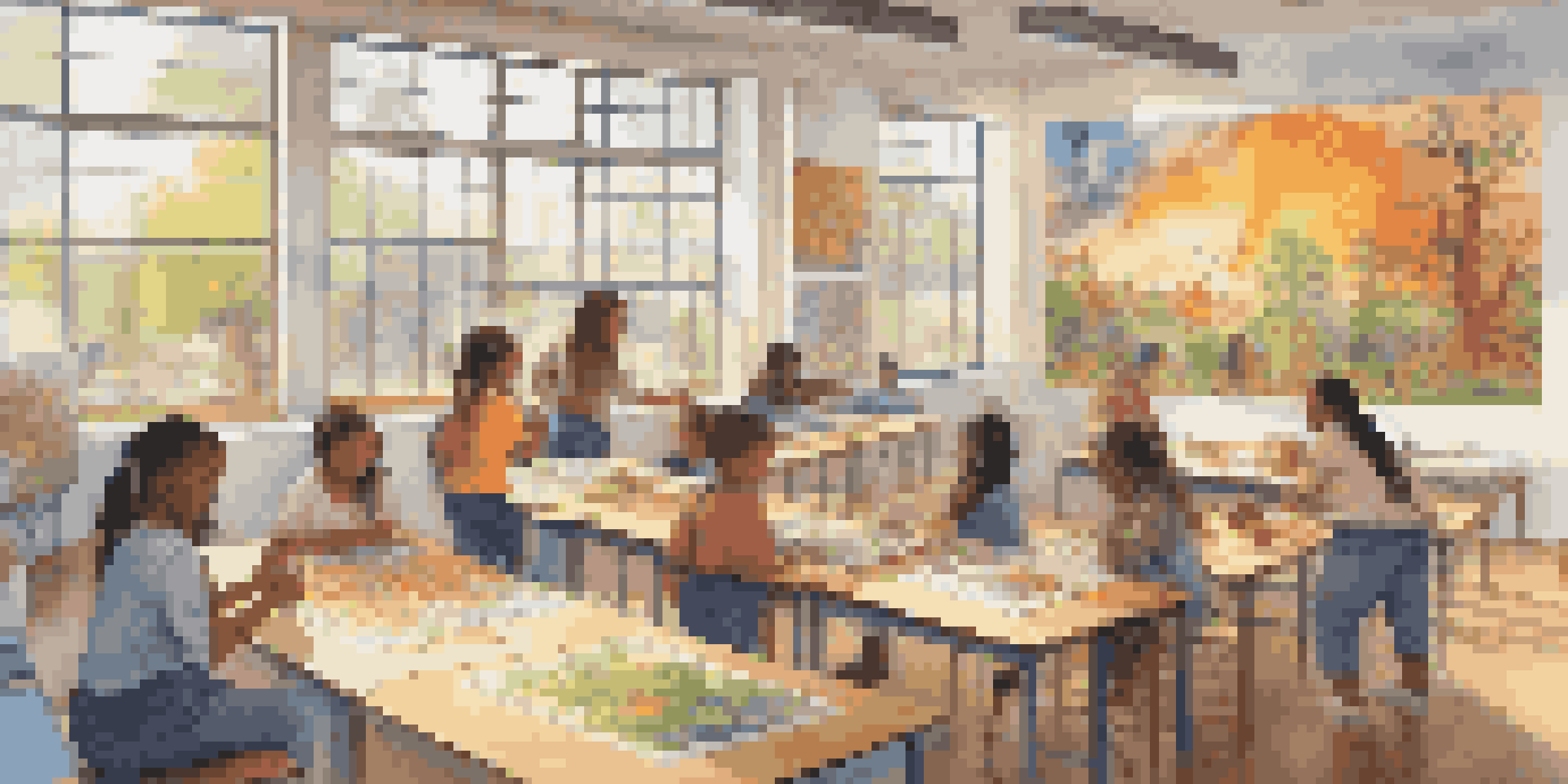A classroom with students of diverse backgrounds painting a colorful mural together, showcasing teamwork and creativity.