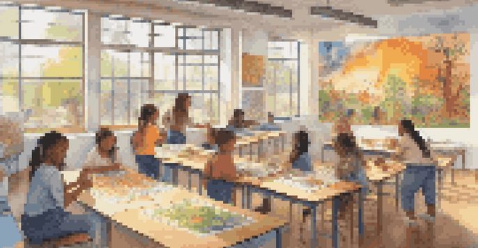 A classroom with students of diverse backgrounds painting a colorful mural together, showcasing teamwork and creativity.