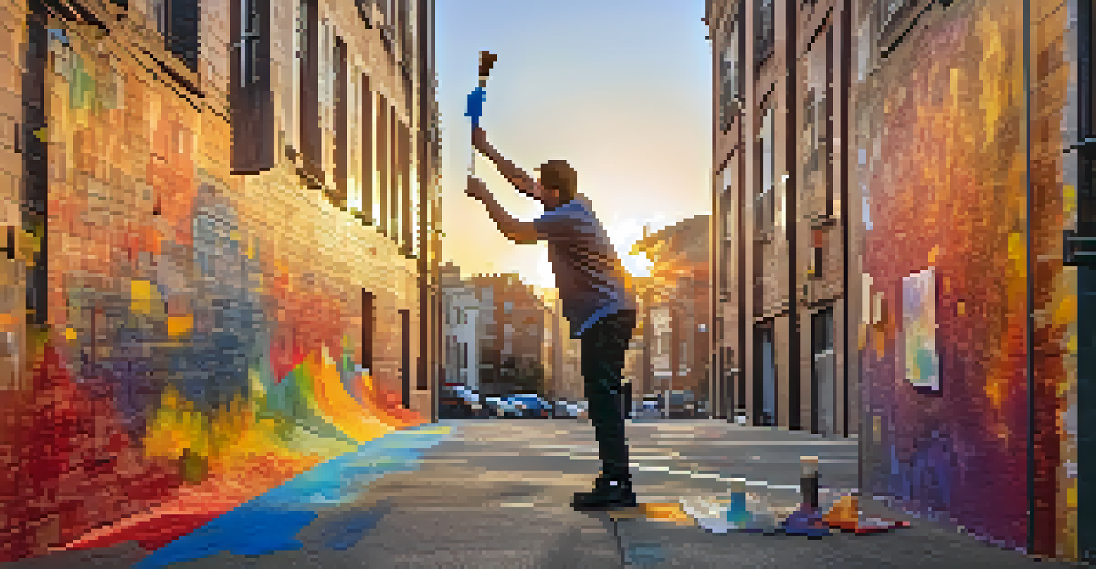 An artist painting a large mural on a city wall during sunset, surrounded by paint splatters, showcasing themes of civic identity.