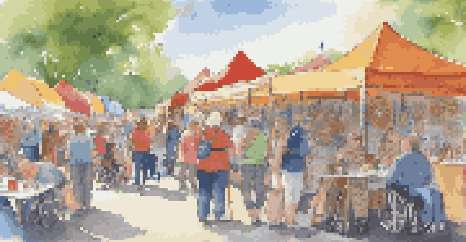 A lively outdoor art festival celebrating disability representation, with booths showcasing artworks by disabled artists, attendees participating in workshops under colorful decorations.