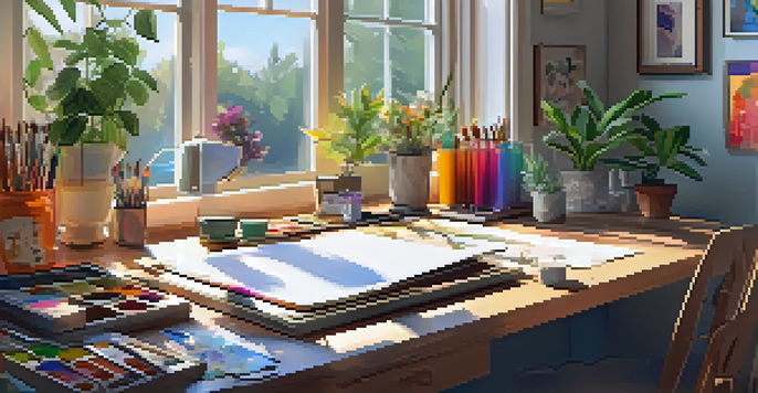 A cozy digital art studio filled with art supplies and illuminated by natural light.