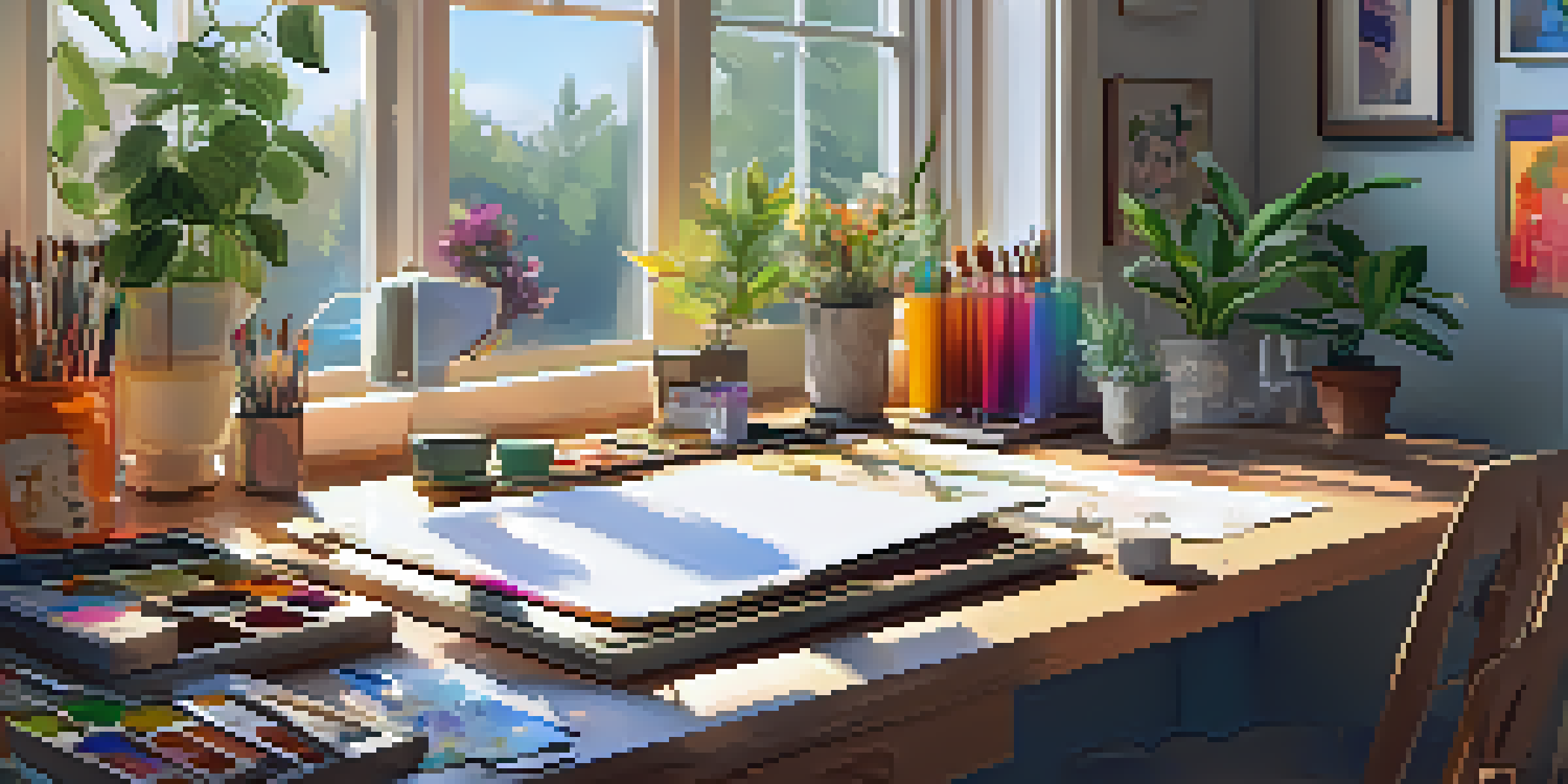 A cozy digital art studio filled with art supplies and illuminated by natural light.
