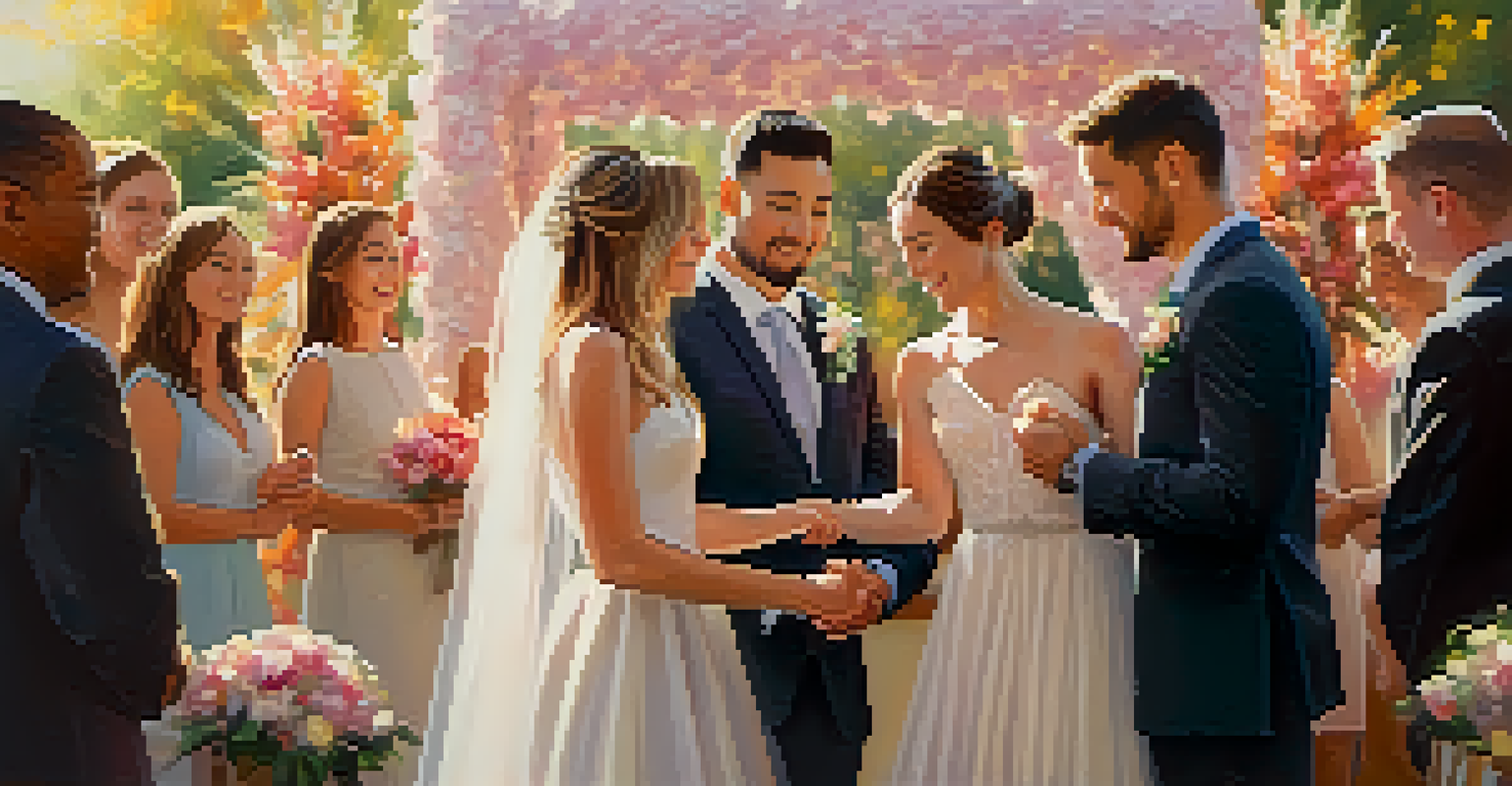A couple exchanging vows during a wedding, surrounded by pastel flowers and a joyful audience in a warm, glowing atmosphere.