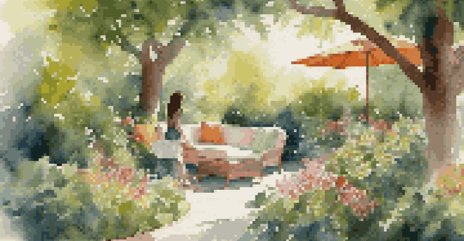 A tranquil outdoor setting with a person painting on a canvas amidst greenery and flowers.