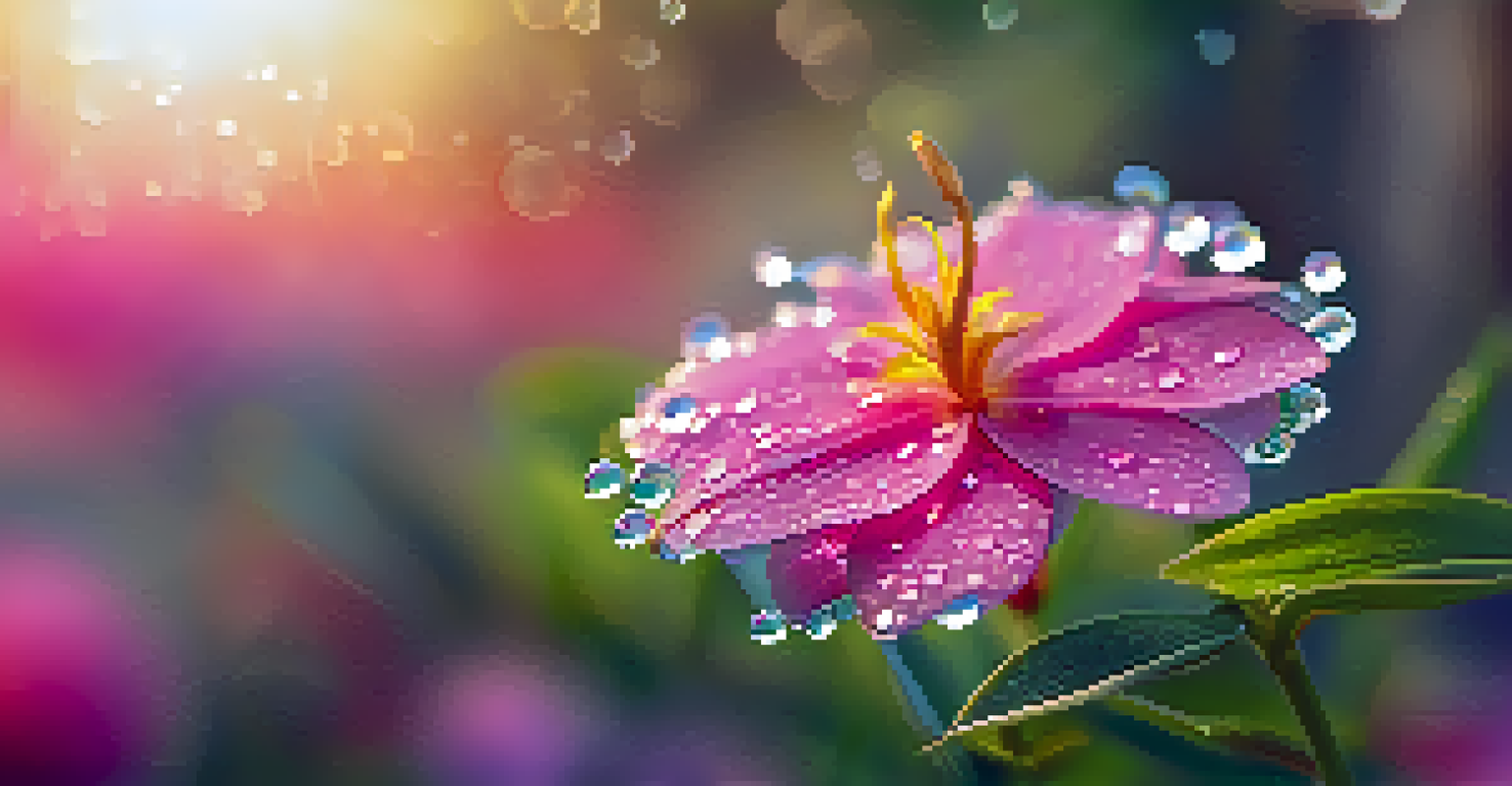 A close-up image of a dew-covered flower with intricate petal details, surrounded by blurred green foliage in soft morning light.