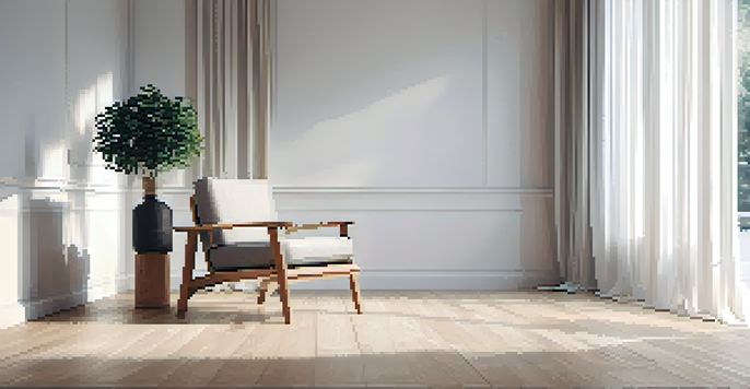 A minimalist living room with a single wooden chair against a white wall, illuminated by soft natural light.
