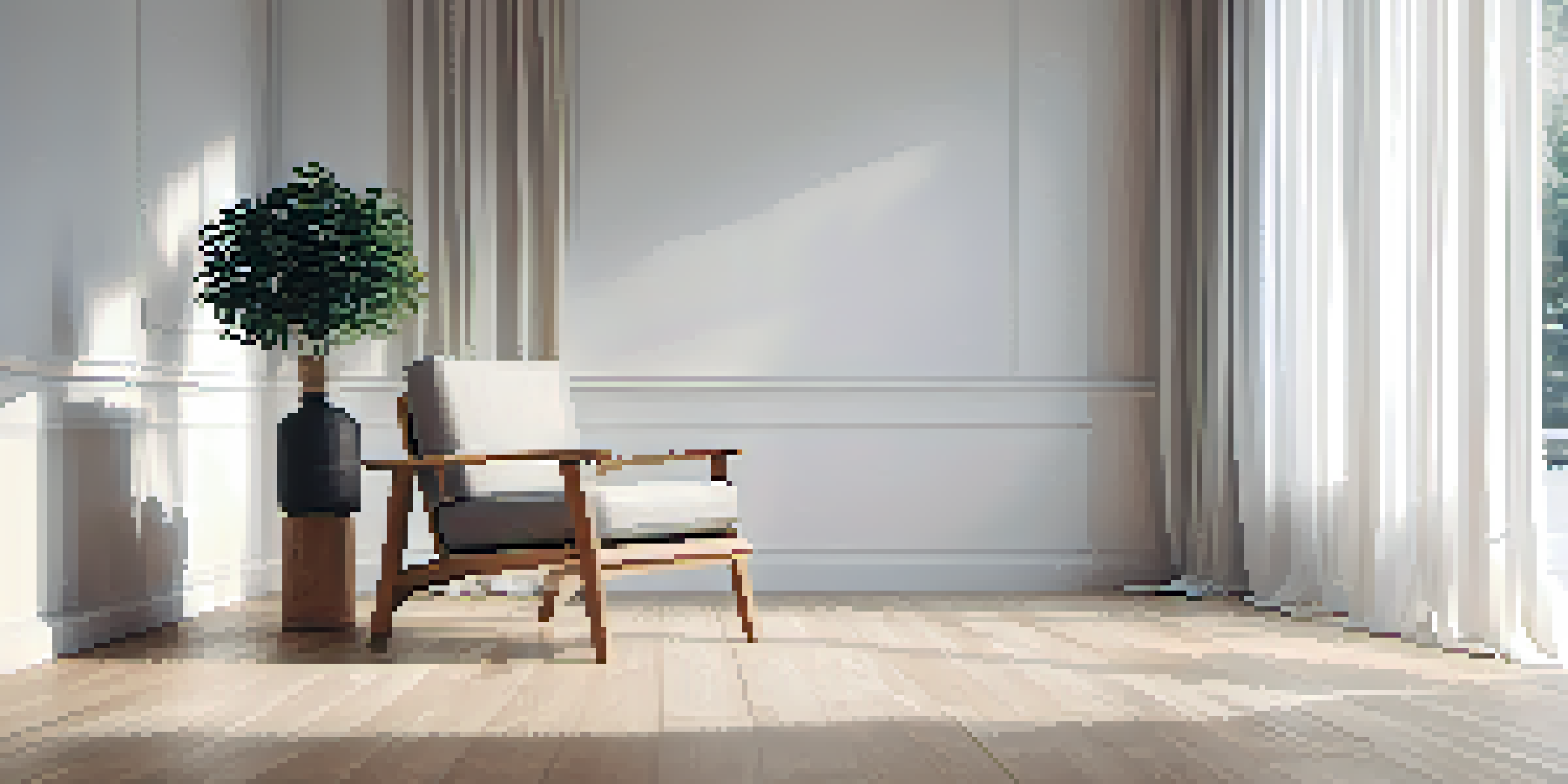 A minimalist living room with a single wooden chair against a white wall, illuminated by soft natural light.